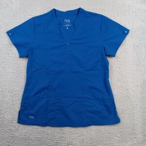 Barco nrG Scrub Top Womens Large Blue V-Neck Button Placket 3129 Pocket
